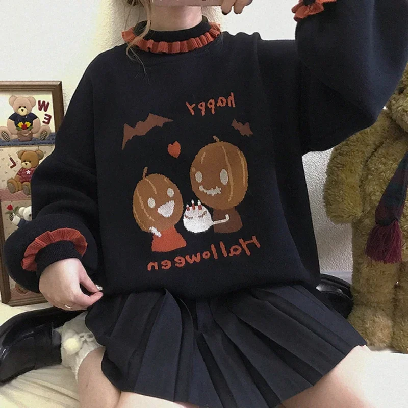 Halloween Sweaters Women Autumn Cute Pumpkin Pattern Turtleneck Lantern Sleeve Loose Pullovers Kawaii Clothes