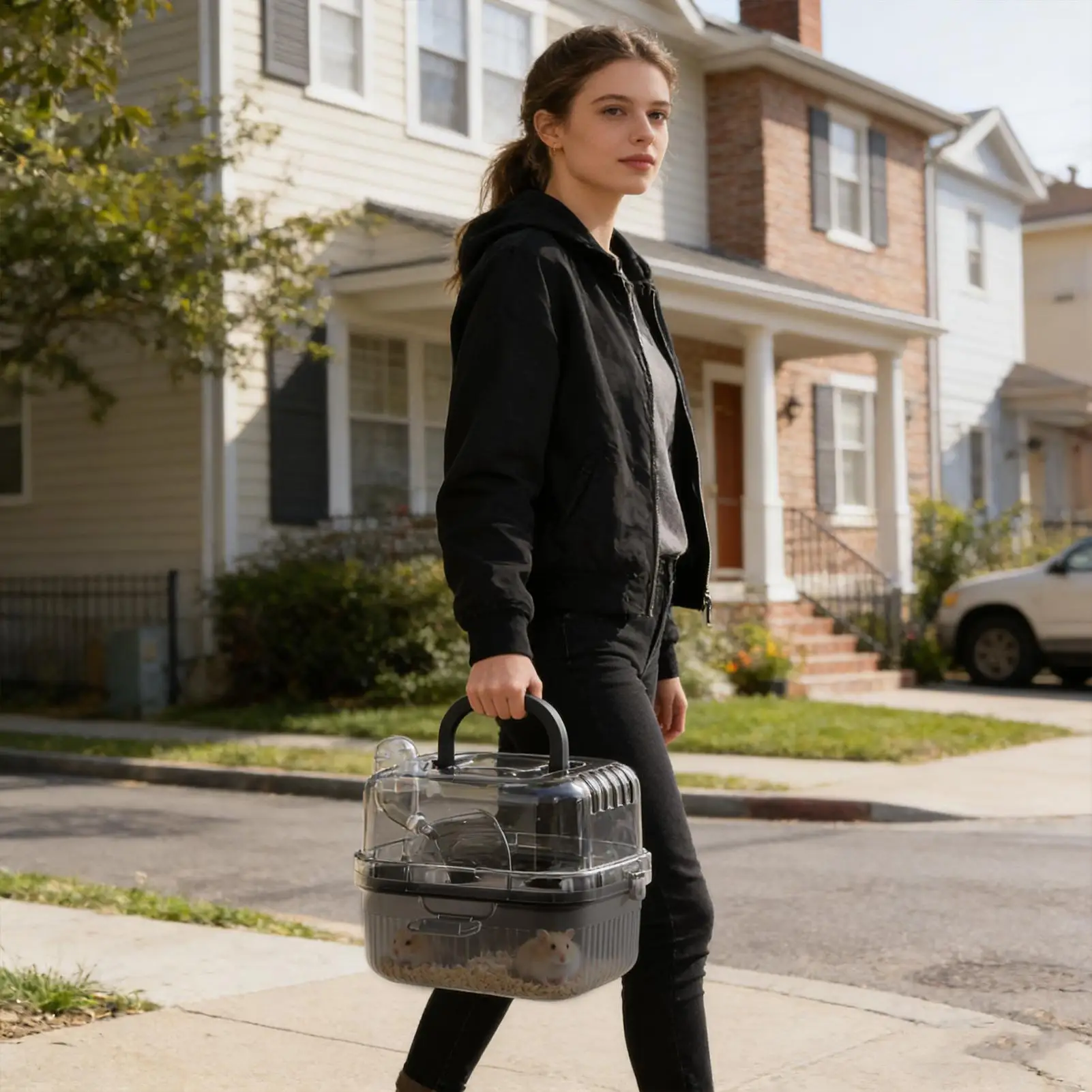 

Переноска для хомяков с колесом-беговелом: дорожный контейнер-вилла для хомяков, морских свинок, мышей, карликовых хомяков, шиншилл (для использования на улице)