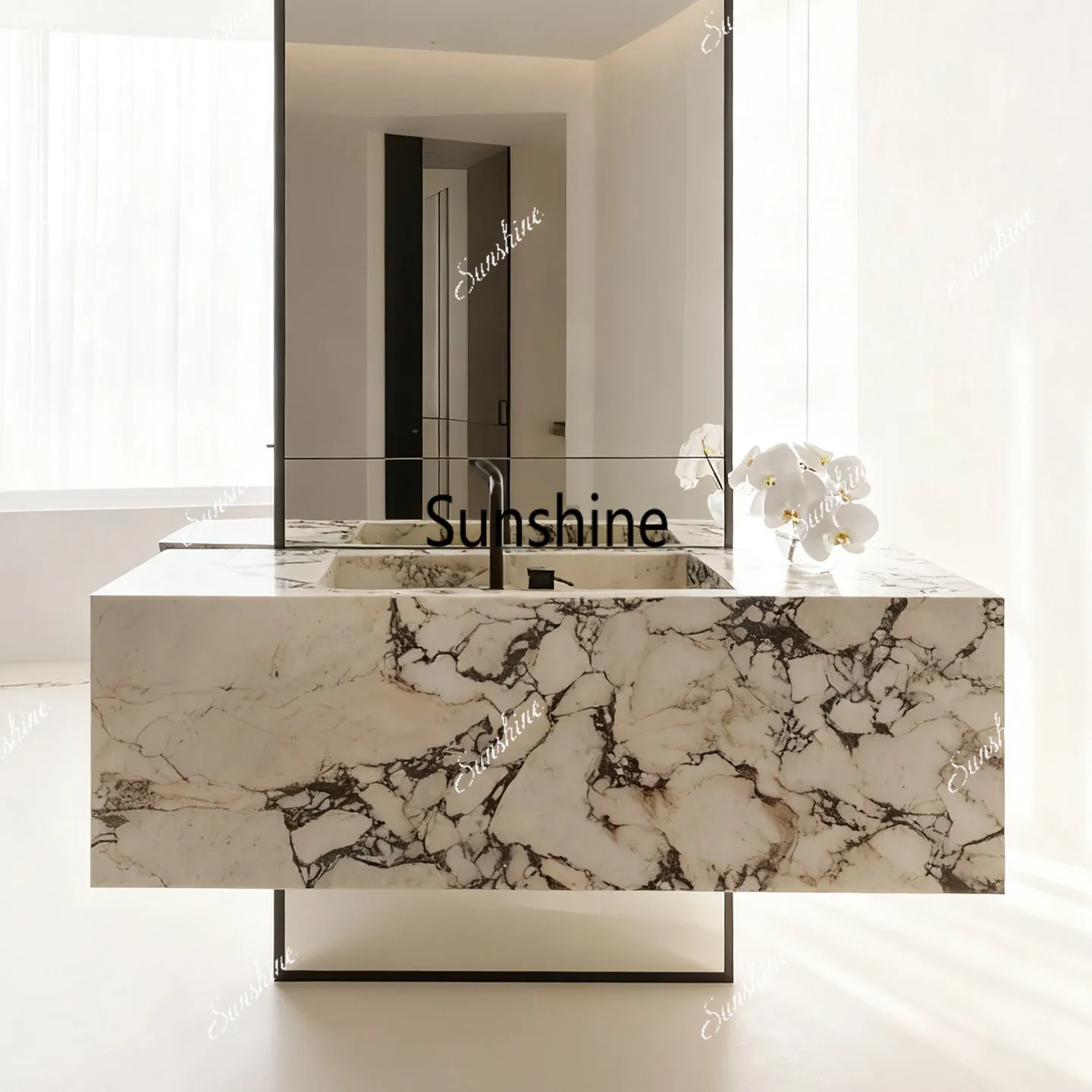 Rock slab integrated seamless basin bathroom cabinet hotel villa light luxury high-end washstand