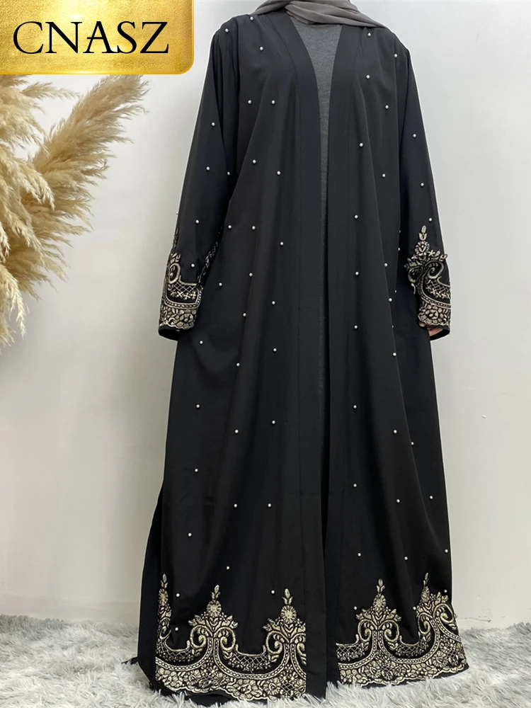 Hot Selling Open Abaya Women Clothes Lace With Pearls Design Muslim Fashion Kimono Long Kaftan Islamic Dubai Dresses For Women