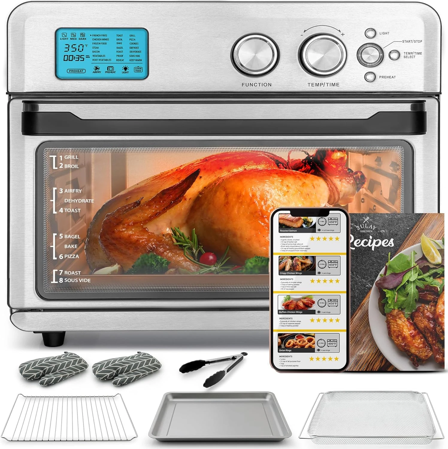 

Large Countertop Air Fryer - Stainless Steel Airfryer Toaster Oven Combo with 21 Functions - 26.4Qt Capacity Stainless Steel Con