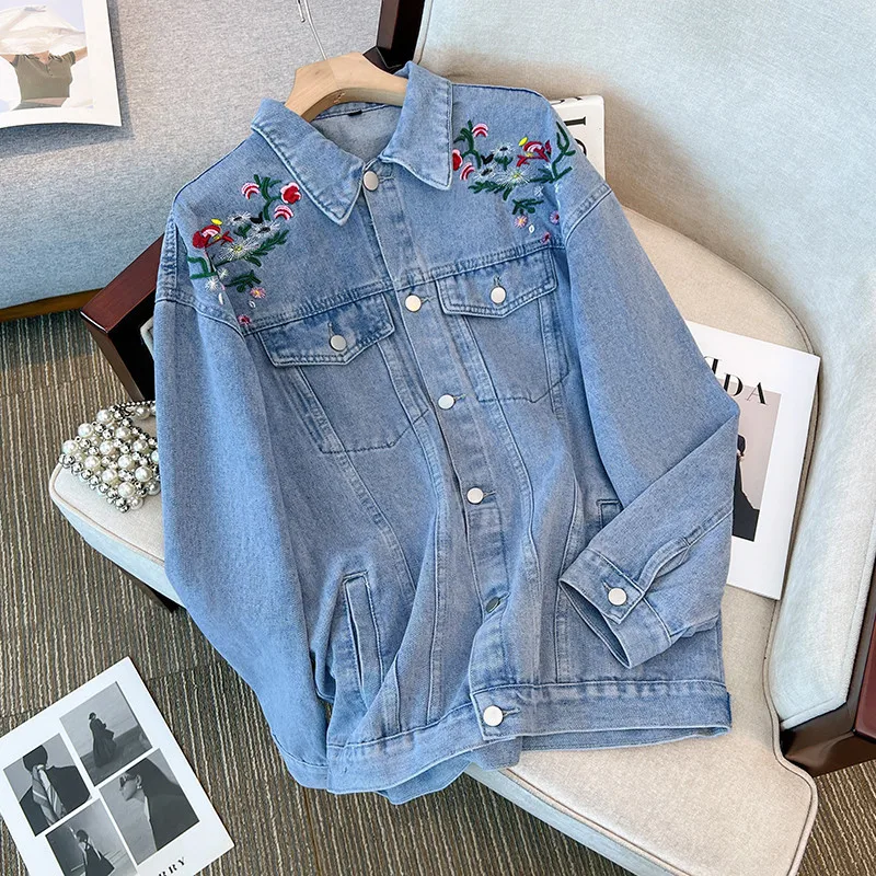 150Kg Plus Size Women's Bust 150 Spring Autumn Loose Retro Embroidered Casual Denim Jacket Blue 5XL 6XL 7XL 8XL 9XL