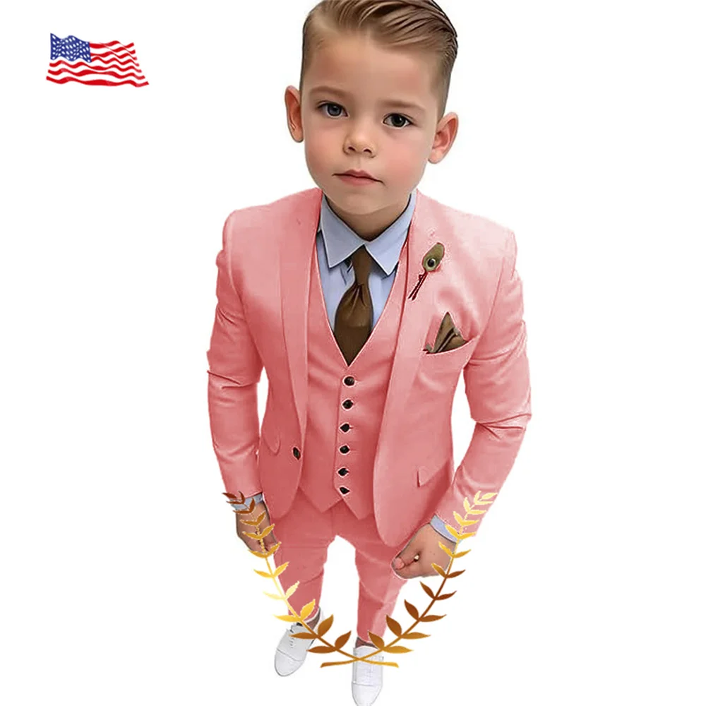 Coral Red Boy Suit Jacket Pants Vest Bow Tie 4-piece Set Formal Wedding Tuxedo Kids Blazer for 2-16 Years Children