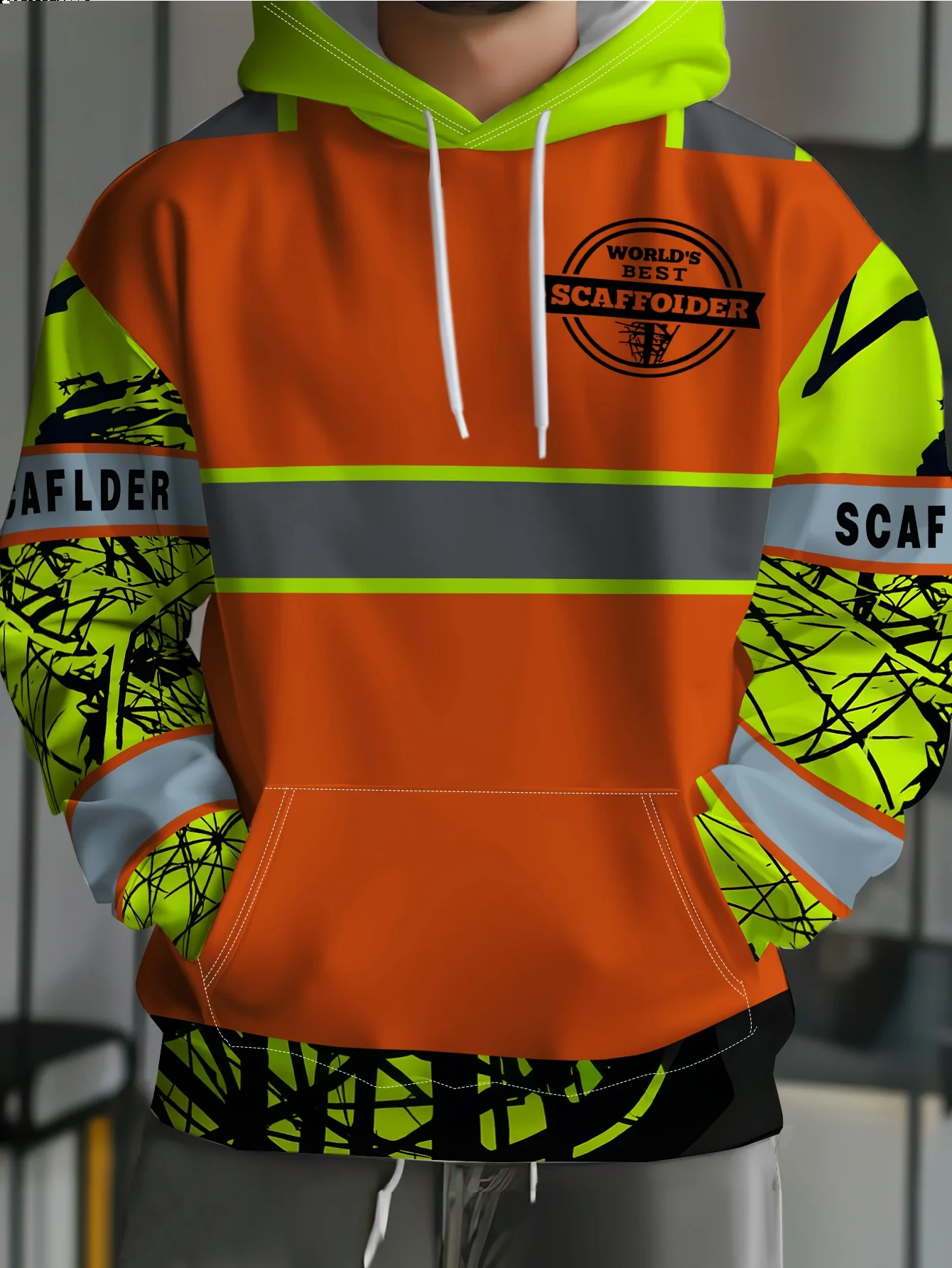 Men Women Streetwear Hoodie Scaffolder Hi-Vis Safety Reflective Orange Print Pullover Hooded Sweatshirt Hip Hop Sport Tops