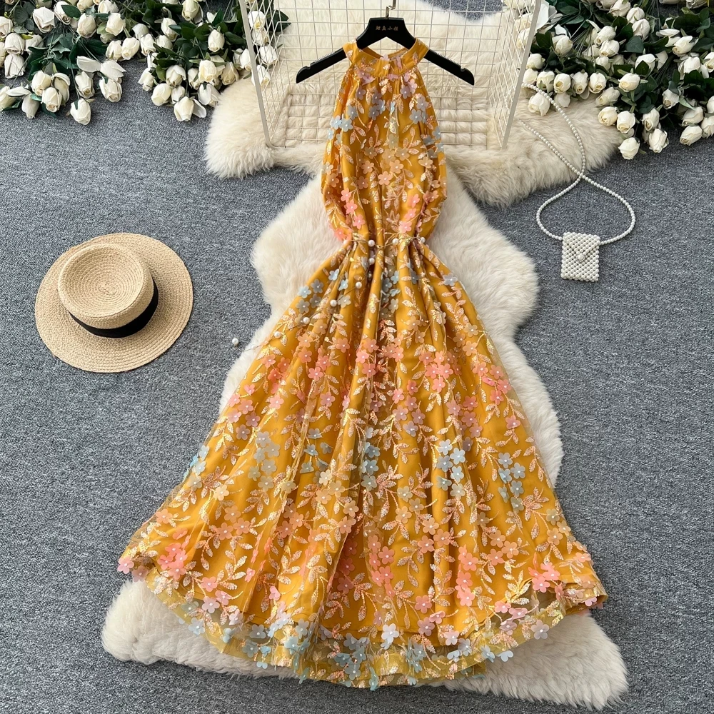 

Summer Women's Halter Sleeveless Holiday Dress Luxury Sequins Beading 3D Embroidery Flower Elegant Pearl Belt Party Vestidos
