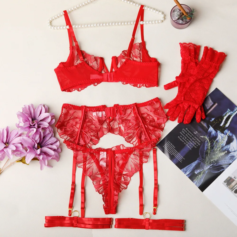 Conjunto de Lencería Femenina Toucheart con Bordado Floral, Sujetador Push-Up de Encaje, Liguero, Faja Reductora, Tanga, Guantes, Ropa Interior Sexy y Atractiva