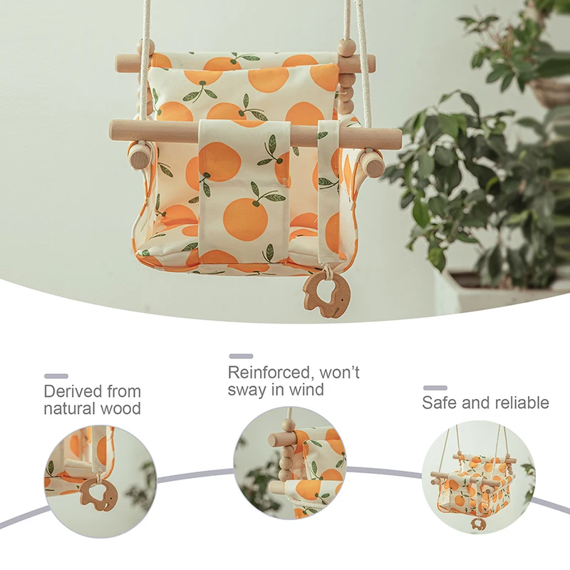 Natural Wood Baby Swing Indoor Outdoor Garden Canvas Hanging Child Hammock Small Basket Safe Recreation Kids Toy Rocker Chair