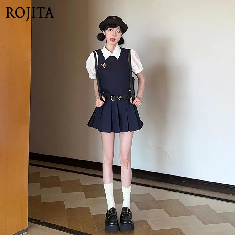

College Style White Shirt Short-sleeved Top Short Dress Two-piece Suit Sleeveless Vest Pleated Dress Women's Summer Dress