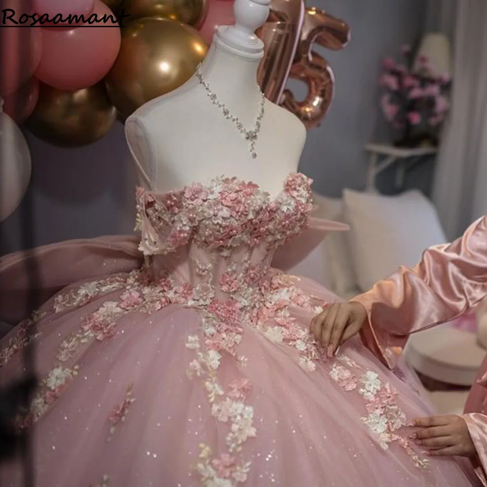 

Pink Quinceanera Dress Ball Gown Shiny Applique Beading Bow Mexico Corset Sweet 16 Vestidos De 15 Anos