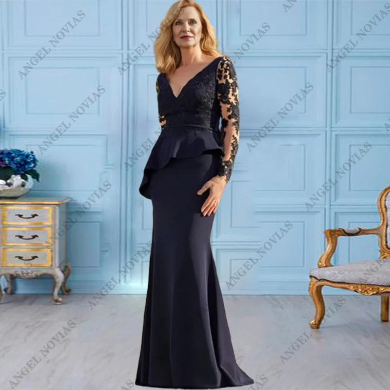 

Customized Long Sleeves Black Mermaid Mother of the Bride Dresses for Wedding Guest Elegant Satin Ribbon Bow Beading Party 2024