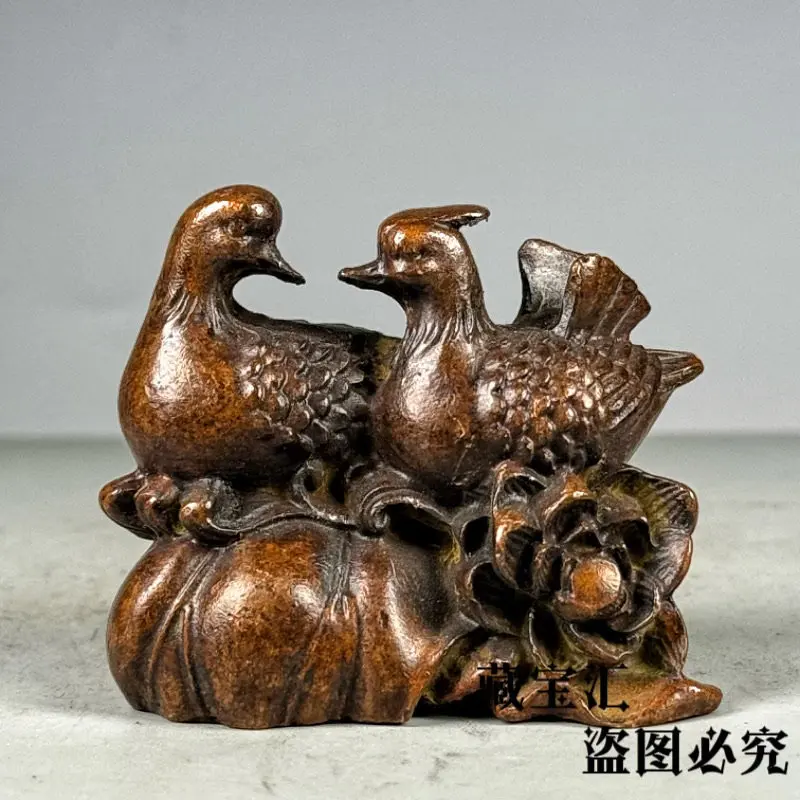 Retro Ancient Chinese Purple Bronze Patina Mandarin Duck Pair Wedding Dowry Sculpture Home Ornament Collection