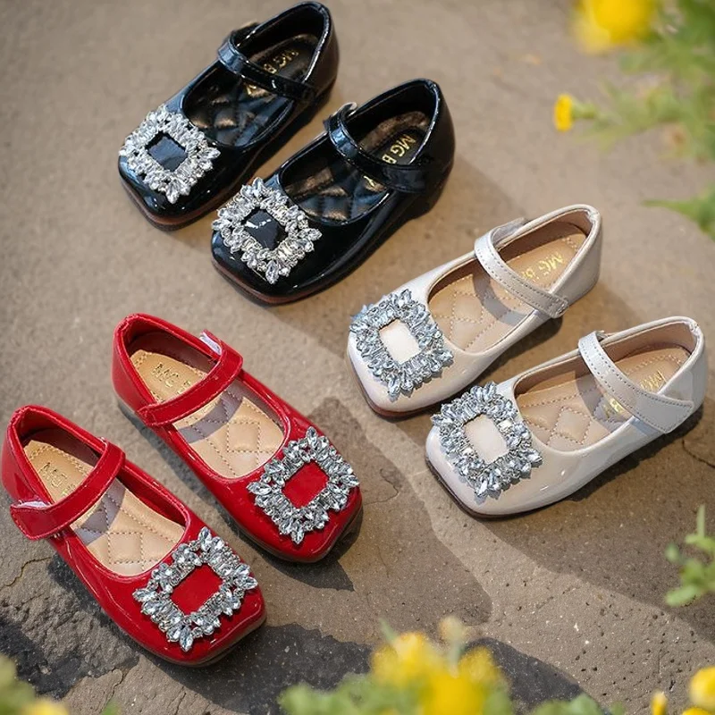 Girl's Rhinestone Square Buckle Girls' Princess Shoes 2025 New Lacquer Leather Head Flat Bottom Grandma Shoes Children's Single