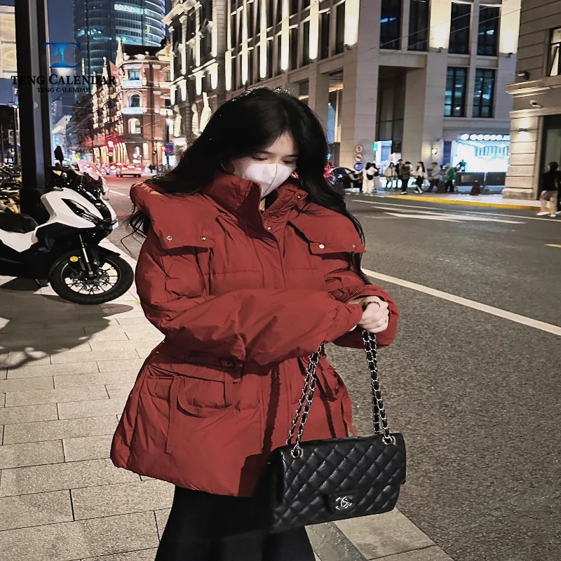 الشتاء النسخة الكورية سترة فضفاضة أسفل، النبيذ الأحمر الصغيرة للأطفال قصيرة مقنعين سميكة الدافئة الخصر التخسيس سترة،