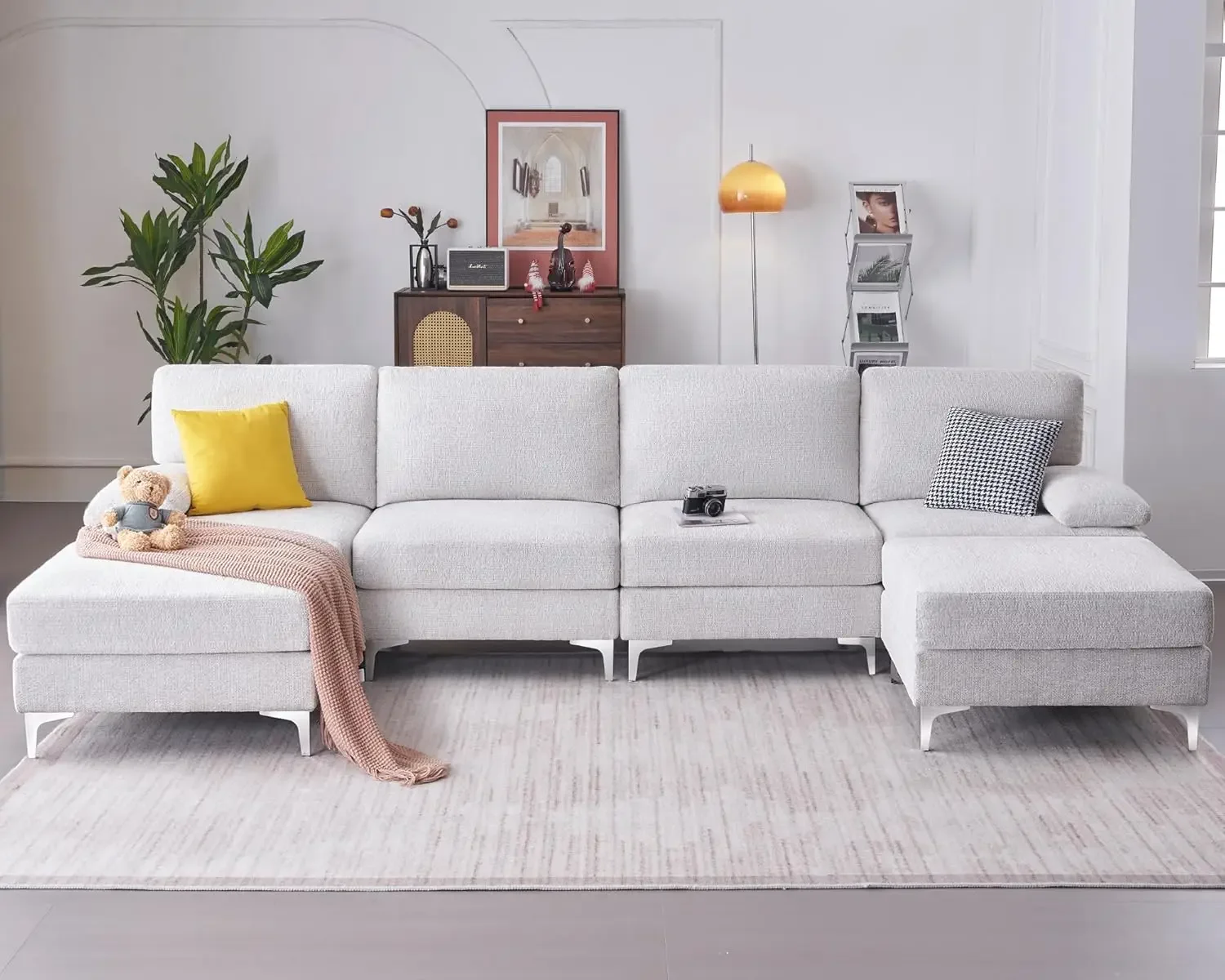 Modular Sectional Couches with Ottomans- 6 Seater, U Shaped Sofa for Living Room, Oversized Couch in Beige Chenille