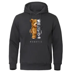 New Funny Teddy Bear Robot Hoodie Robotic Bear Clothing Casual Hooded Men Fashion Sweatshirts Fleece Oversized Loose Streetwear