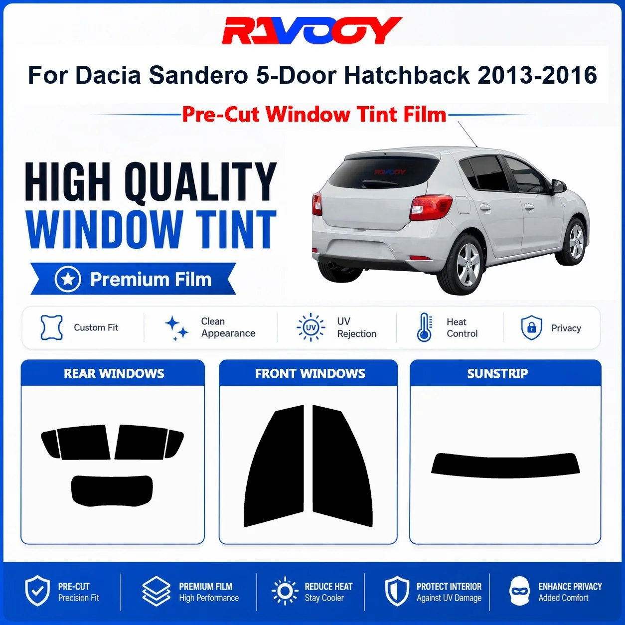 Premium Pre-Cut Window Tint For Dacia Sandero 5-Door Hatchback 2013-2016 Front & Rear Windows UV Heat Rejection Privacy Film