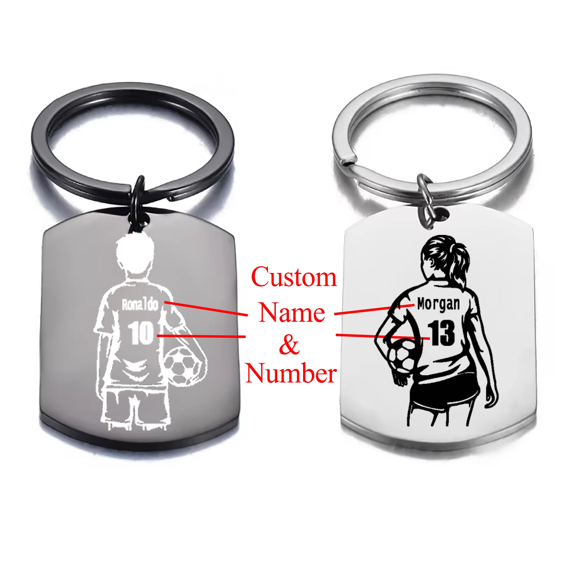 Custom Name&Number Soccer Sport Keychain Jewelry Stainless Steel Personalized Football Player Students Best Gifts for BFF