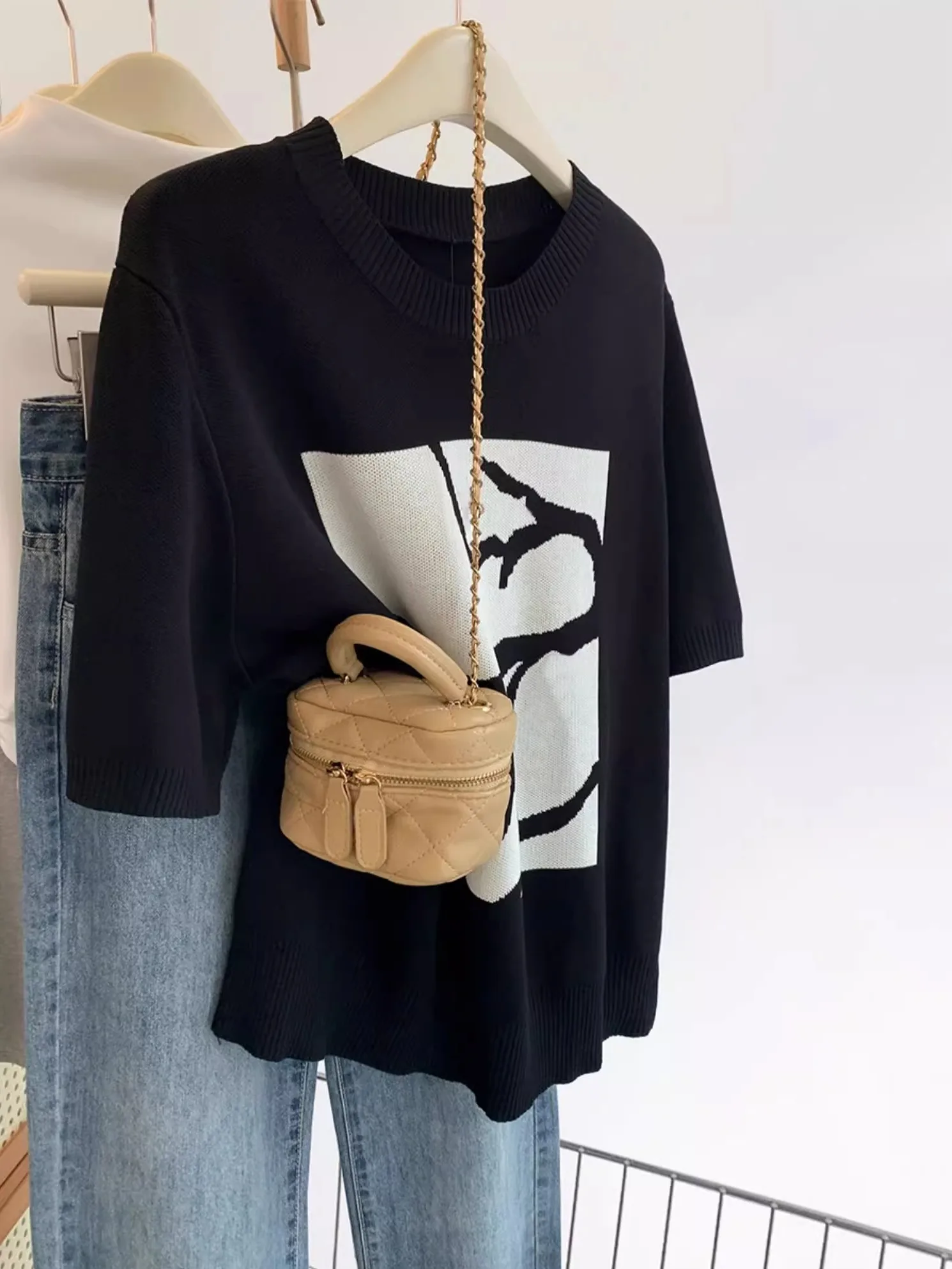 

Вязаная футболка свободного кроя с круглым вырезом и короткими рукавами, женская, больших размеров, летняя, модная, в корейском стиле, повседневная одежда