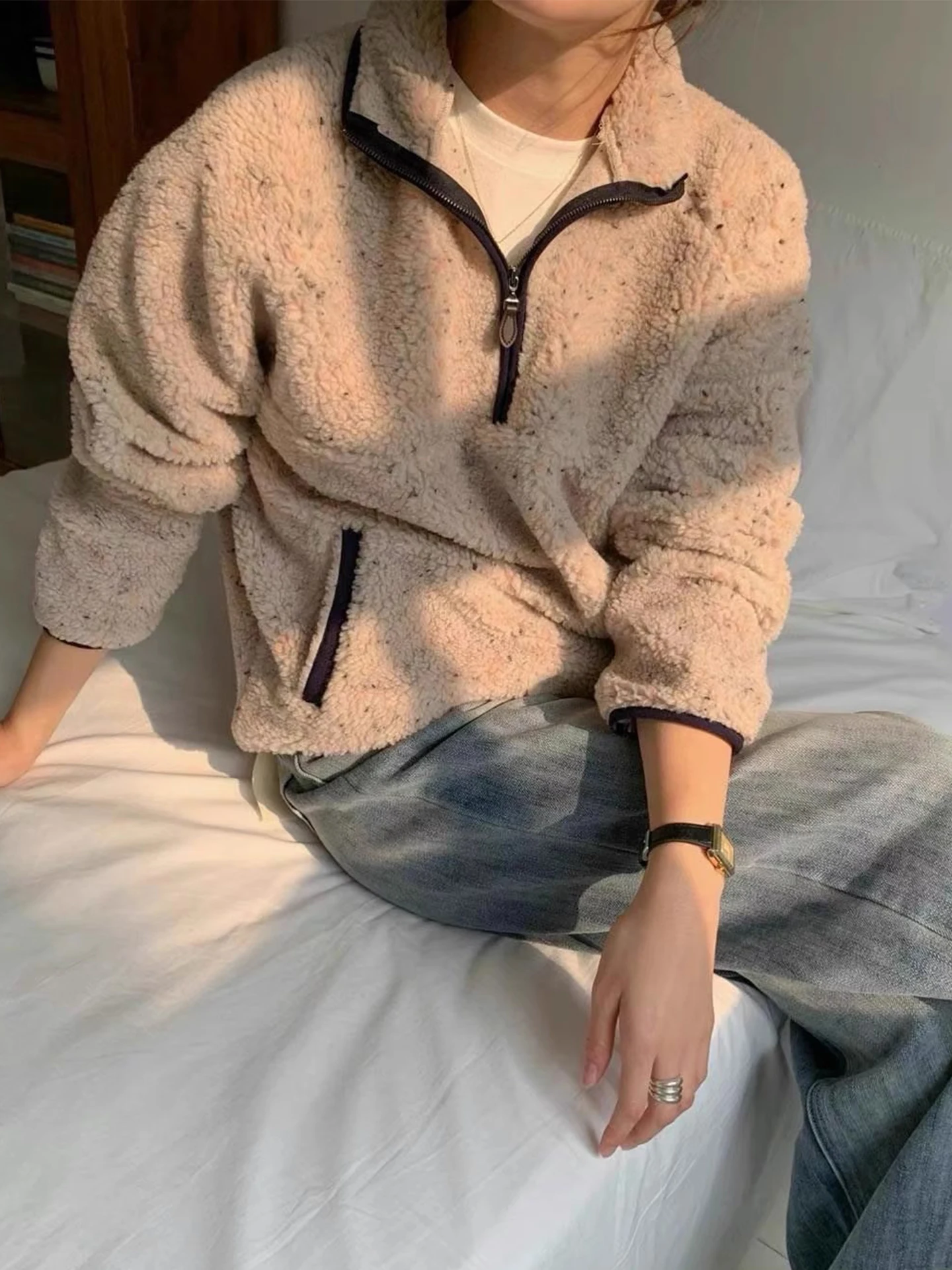 양털 후드 여성용 루즈핏 스탠드 칼라 지퍼 혼합 니트 겨울 캐주얼 탑 안티에이징 지퍼 컬러 블록 스웨터