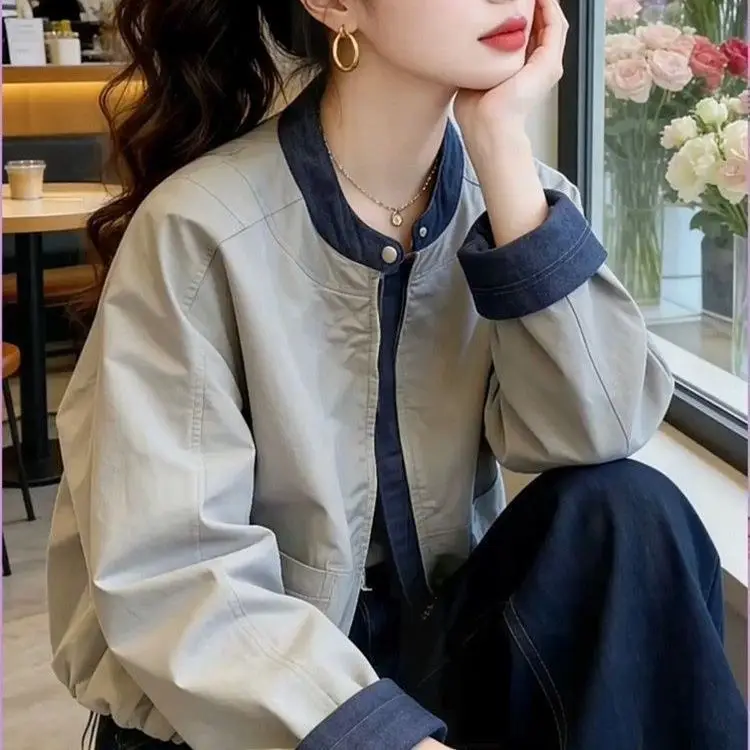 2026 spring net new denim splicing jacket Korean version design loose spring stand-up collar jacket baseball top
