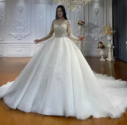Customized Luxury Wedding Dress Illusion Neck Long Sleeves Lace Appliques Beads Bride Gowns Robe Mariage Vestidos De Novia