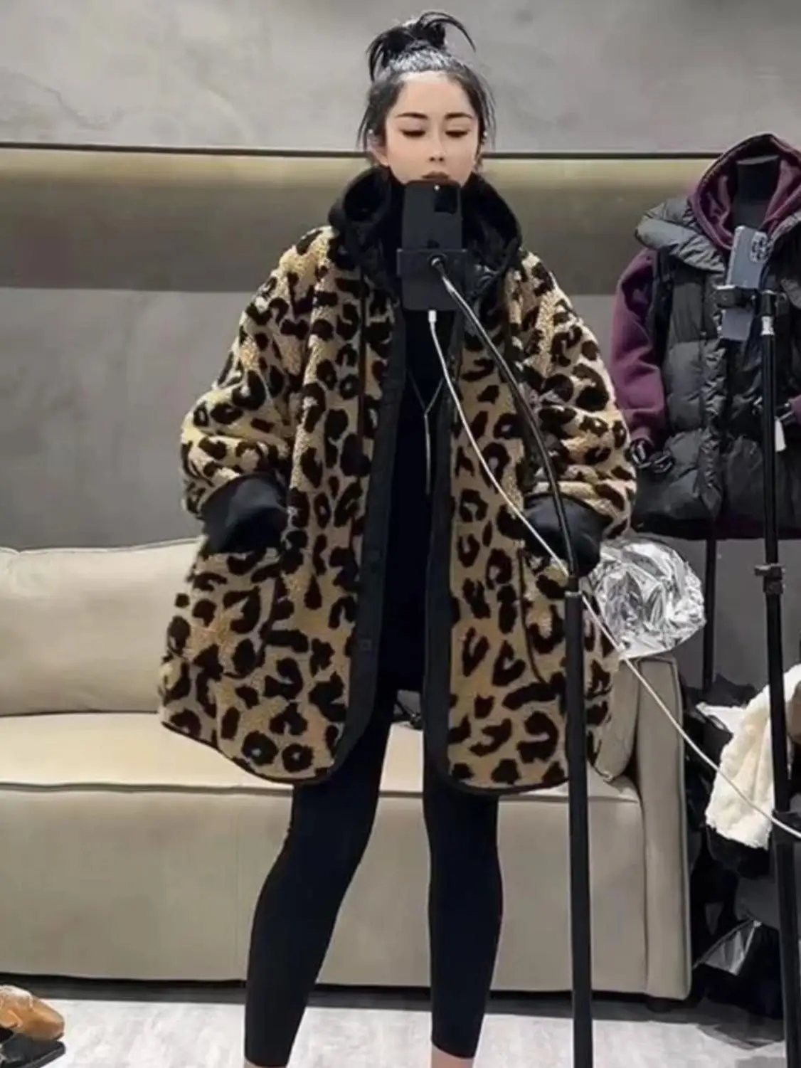 Thickened Lamb Fur Jacket Women's Autumn Winter Warm Long Sleeve Loose Mid-Length Cotton Coat Commute Style Non-removable Hood