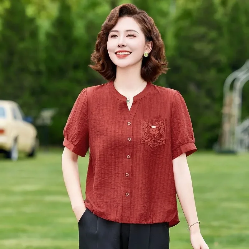 

Women's Solid Color Blouse Stand Collar Short Sleeve Casual Summer Shirt