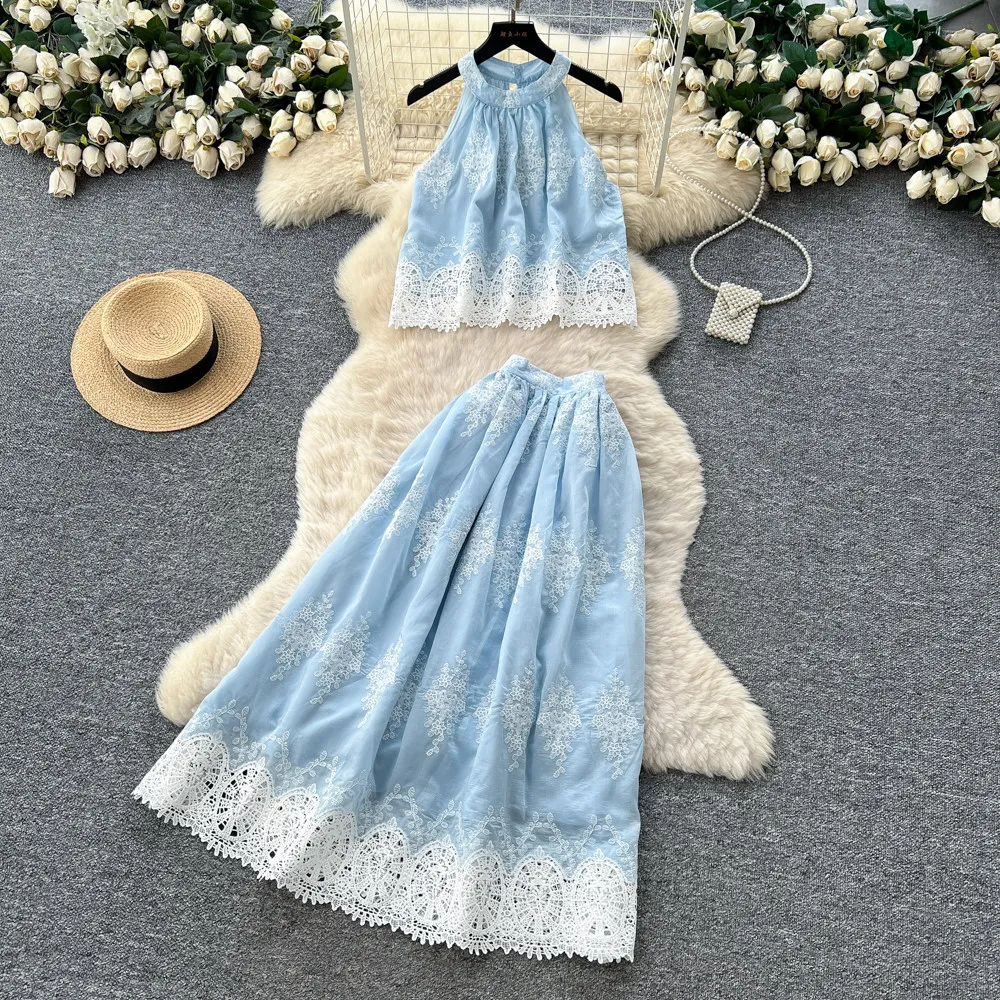 

Женский комплект из двух предметов с вышивкой и цветком, весна-лето 2026, новинка Синяя красивая юбка Grace с круглым вырезом в нежном стиле