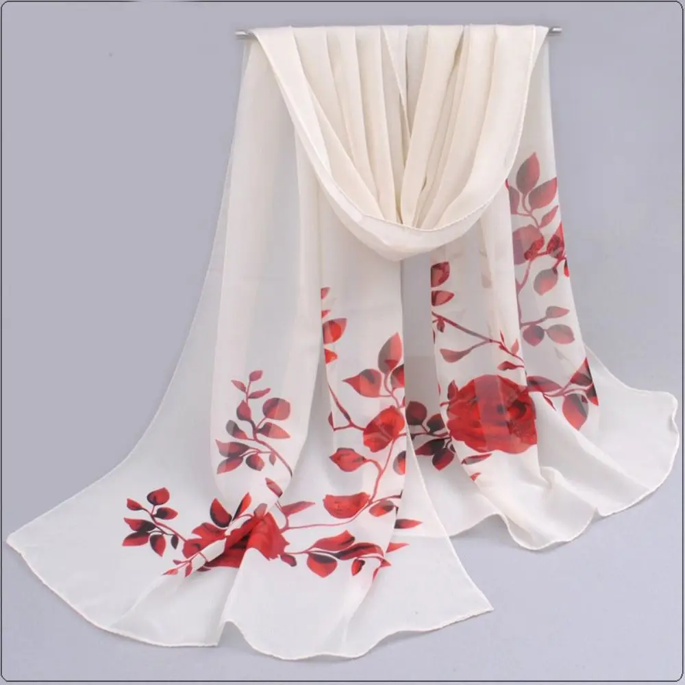 

Trendy Branch Rose Pattern Chiffon Scarf Luxury Design Brand Spring Summer Scarf Long Cape Shawl For Women Girls