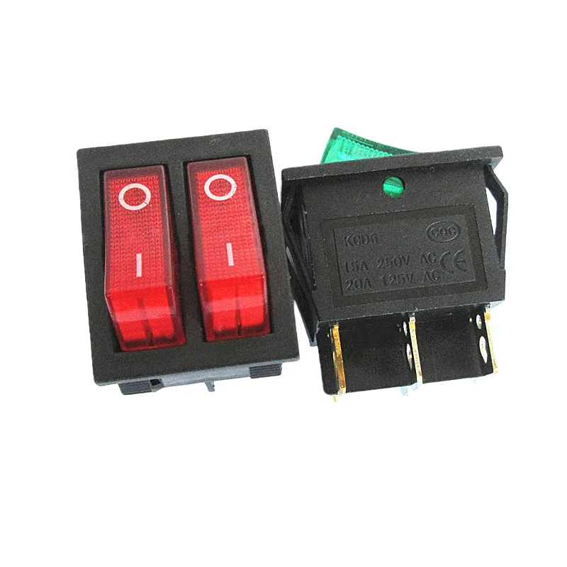 5pcs KCD6 Double-Pole Rocker Switch with Red/Green Indicator Light, 6-Pin, 2-Position Power Switch