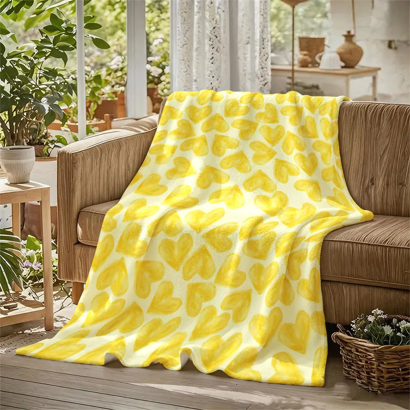 Pastel Yellow Hearts Flannel Blanket Warm Soft Halloween Christmas Decorative Couch Warm Cozy All-Season Gift