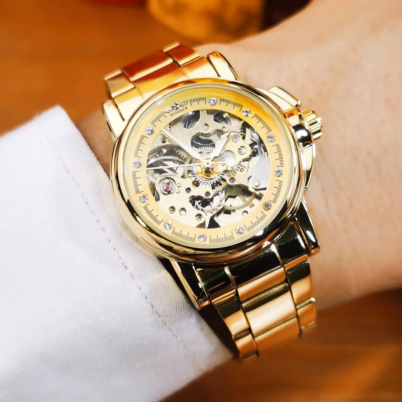 WINNER Gold Luxury Watch for Women Fashion Elegant Iced Out Automatic Mechanical Ladies Watches Stainless Steel Strap Wristwatch
