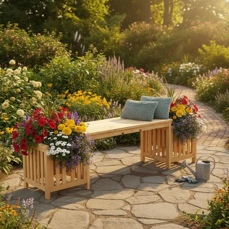 

Patio Wooden Bench with Planter 2 Person Patio Bench-Natural