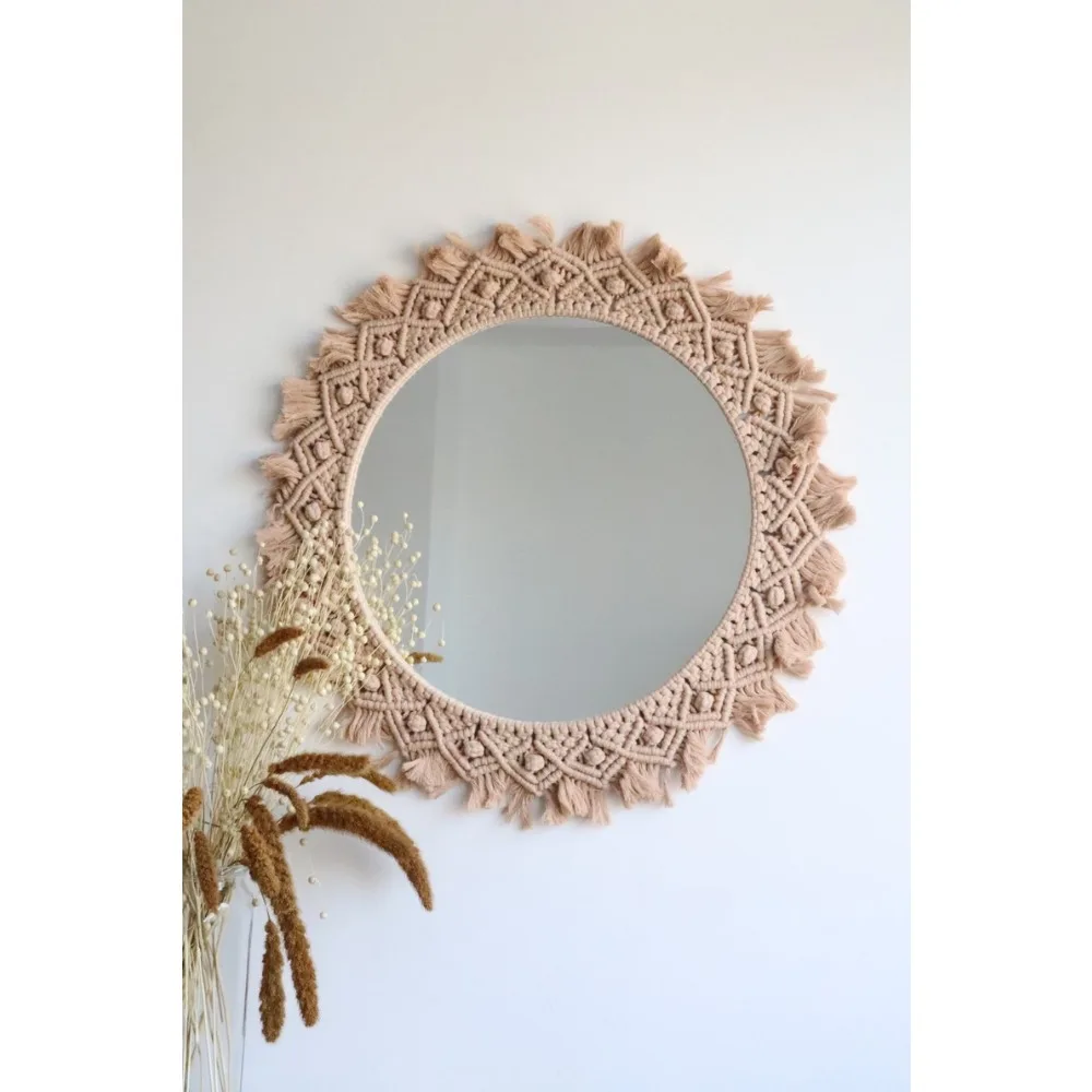 Large round macrame mirror wall decor, woven wall hanging, macrame wreath mirror for bathroom, housewarming gift