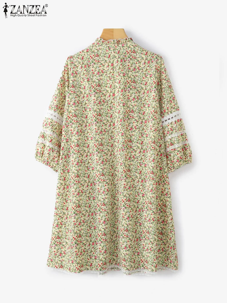 ZANZEA Autumn Floral Printe Dress 2025 Women Fashion Lace-Up Sundress Casual Loose Lace Patchwork Vestidos Elegant Pleated Robe