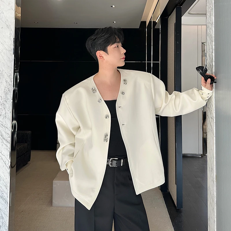 

Spring Faion Outerwear Men's Open Cardigan apel Jaet Casual Nel Decorative Metal Bule Lightweight Coat