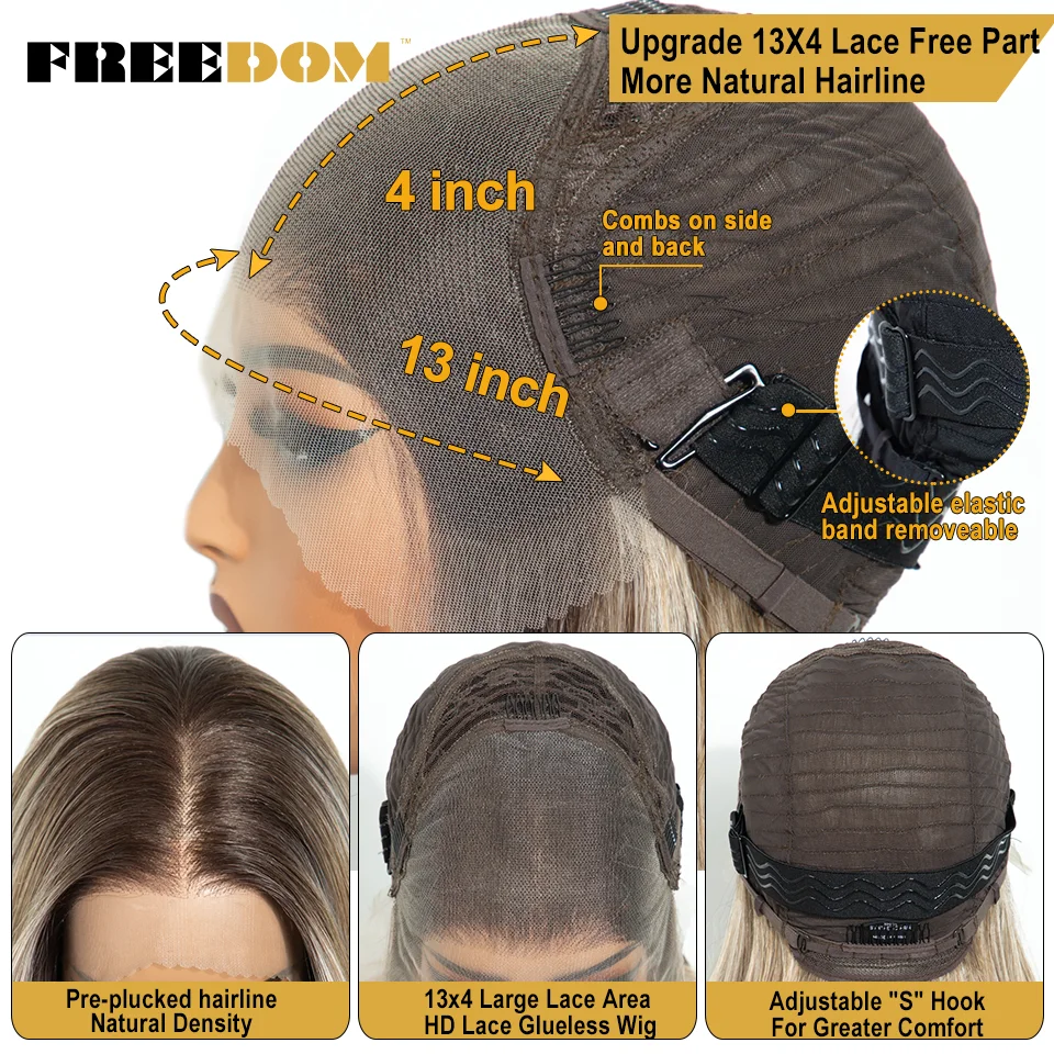 FREEDOM 13X4 Synthetische Lace-Front-Perücken für Frauen, kurze Bob-Perücke mit Pony, vorgezupfte Ombre-Braun-Blond-Spitzenperücke für den täglichen Gebrauch. – Detail 6