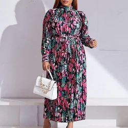 Elegant Printed Pleated Dresses for Women O Neck Full Sleeve Straight Ankle Length Luxury Birthday Party Dinner Vestidos Mujer