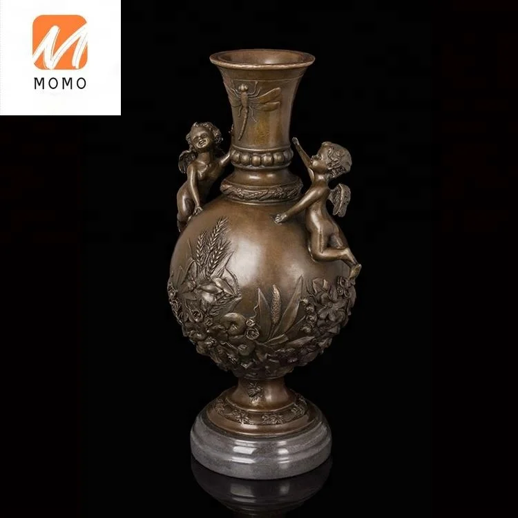 VS-003 Bronze Antique Vase with Angels Statue Sculpture European Western Classical Copper Metal Art Vase Figurine Decor