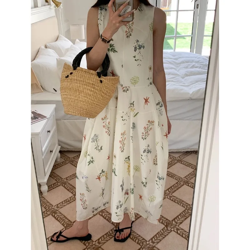 

Summer casual floral o-neck loose vest long dress women