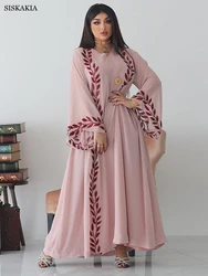 Moda chiffon bordado floral abaya hijab vestido para as mulheres rosa com decote em v manga longa solta árabe muçulmano dubai marroquino caftan