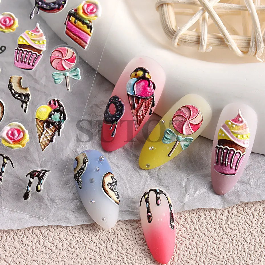 5D stereoscopico Dessert Nail Art Pink Donuts Cake Candy Ice Cream Chocolate Nail Stickers Kawali Cartoon Decoration LEJI-5D50