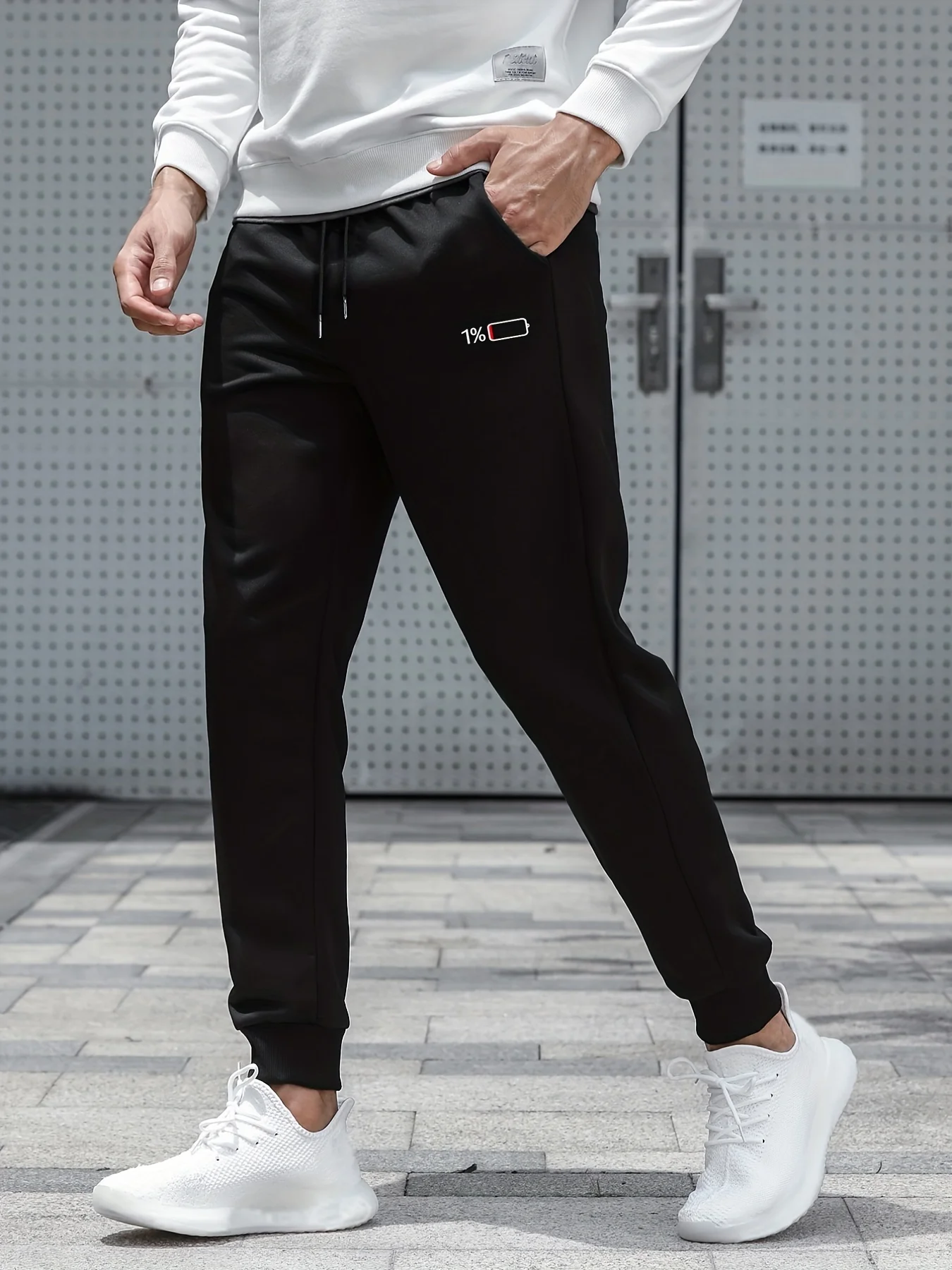 Playful‑tech 1 percent low battery icon graphic stylish tapered sweatpants men hip hop sports jogger trousers