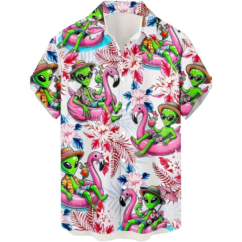 Novelty Alien Relax On Flamingo Pool Float Print Men Camp Collar Shirt White Short Sleeve Lightweight Seaside Travel Shirts