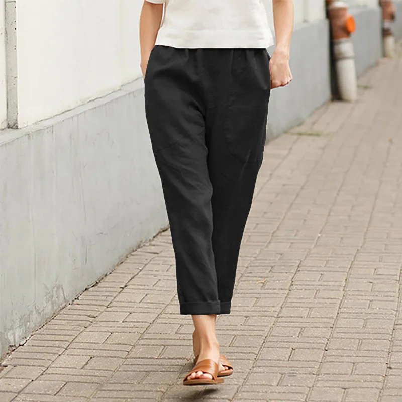 Damenhose aus Baumwolle und Leinen, einfarbig, atmungsaktiv, leicht, elastische Taille, modisch, schlichter Stil, lässige Hose mit geradem Bein – Detail 7