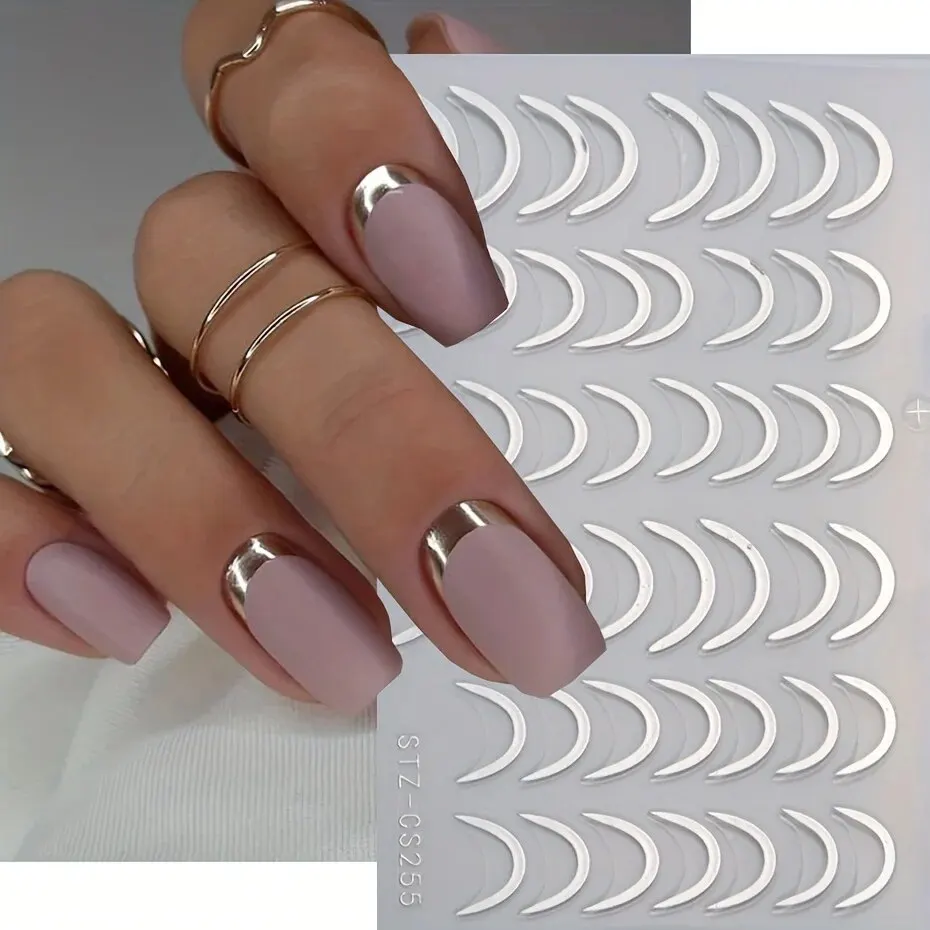 3D Simple French Tips Nail Stickers Silver Gold Metal Stripe Line Swirl Decals Curve Gel Nails Art Sliders Polish Manicure Decor