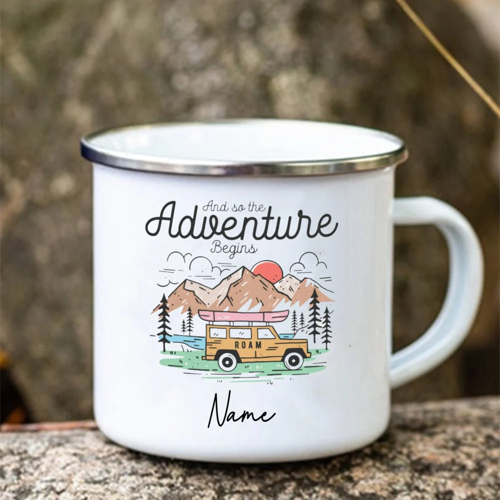 Nome personalizado Camping & Adventures Esmalte Canecas Mão Desenhada Logo Campervan Outdoor Coffee Handle Caneca Presente Campista