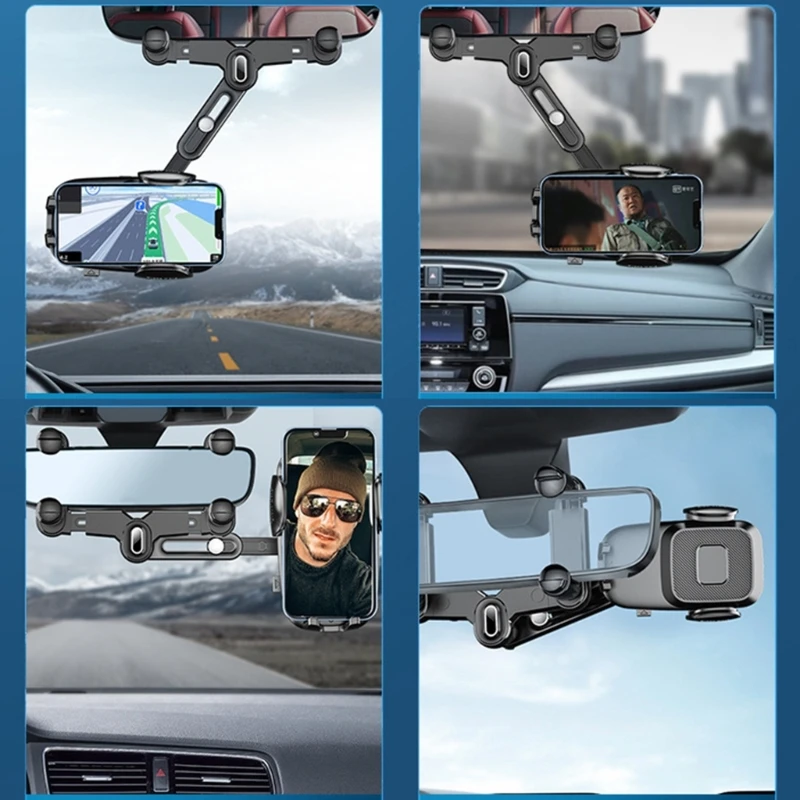 Retractable Rearview Mirror Mount Phone Bracket 360 Degree Rotation-GPS Car Phone Holder Stand Adjustable Camera Support F19E