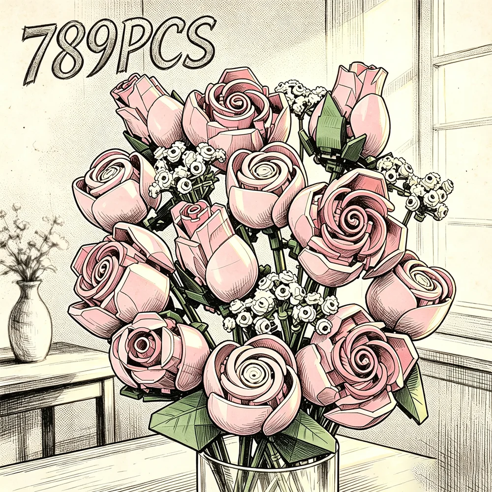 2026 New 789pcs Technology Pink Rose Bouquet Building Blocks Set Decorate Suitable For Mother's Day Gift Present Thanksgive Gift