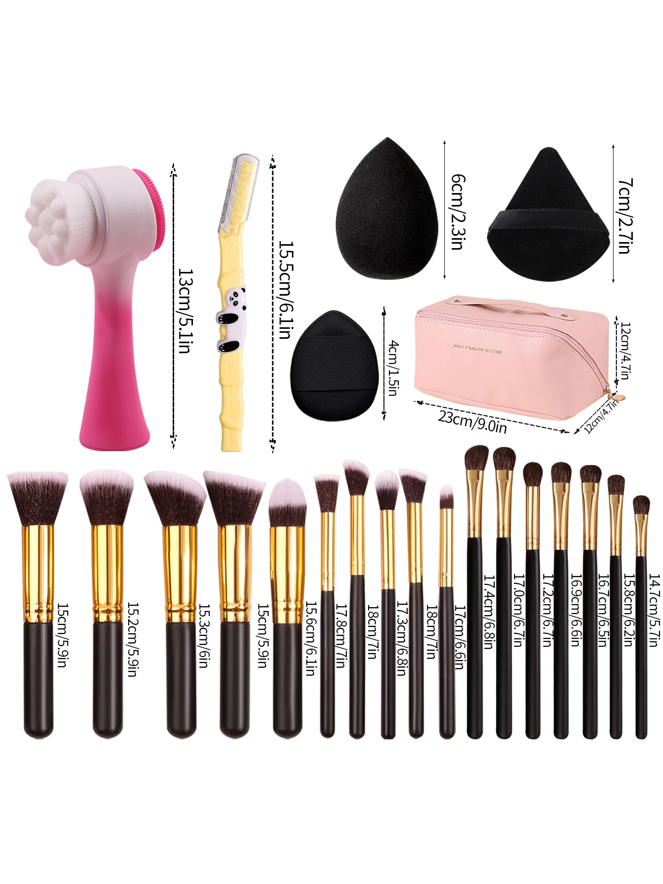 대형 메이크업 브러쉬 10 개, 아이 브러쉬 7 개, 스폰지 9 개 세트, 눈썹 면도기 2 개, 페이스 브러쉬 1 개, 메이크업 백 1 개, 30 개